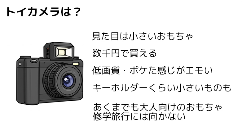 トイカメラは大人向けのおもちゃカメラであり、修学旅行には向かない